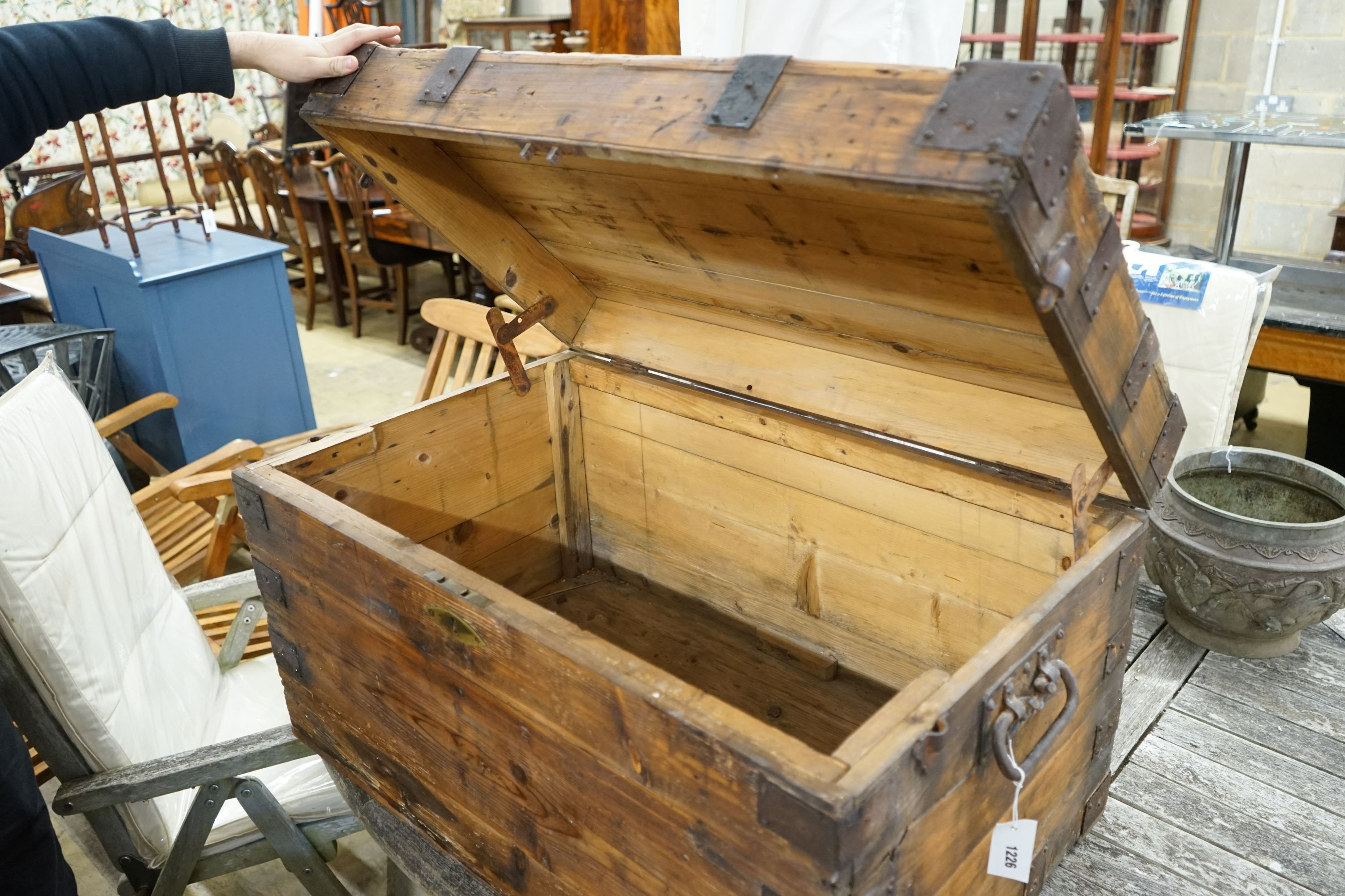 A Victorian iron bound pine trunk, length 92cm, depth 57cm, height 53cm